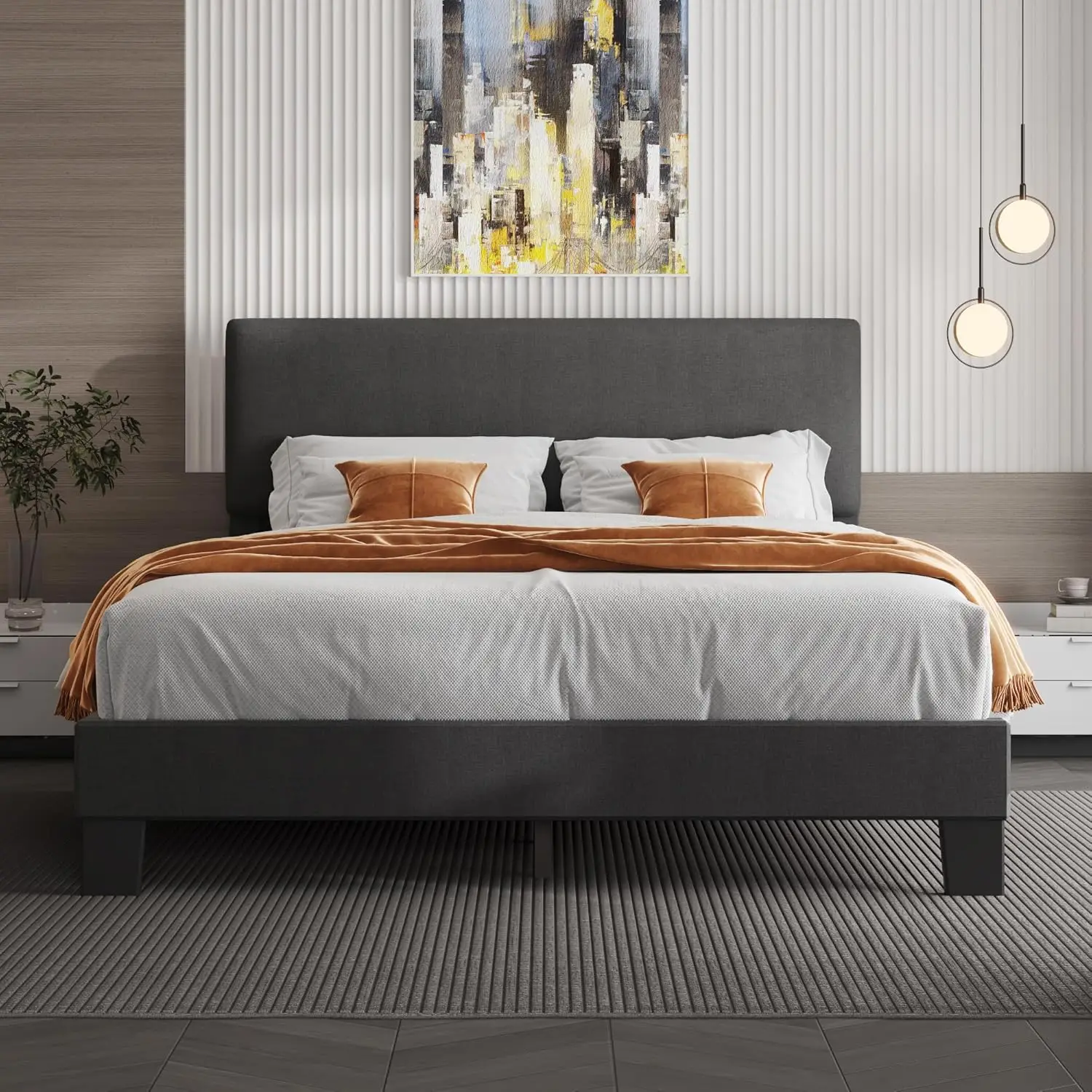 

Large bed frame with headboard, wooden support, no need for box springs, heavy-duty foot pads, easy to assemble, dark gray