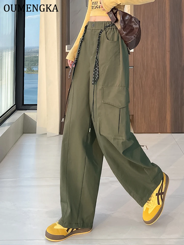 Women Spring Big Pockets Cargo Elastic High Waist Ladies Trousers Loose Casual Ankle-Length Pants Hip Hop Joggers Female