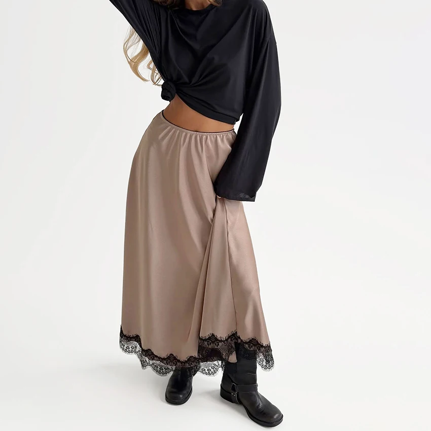 

Linad Autumn Elegant Satin Brown Long Skirts For Woman Office Lady Black Lace Ankle Length Skirt 2025 Fashion High Waist Skirts