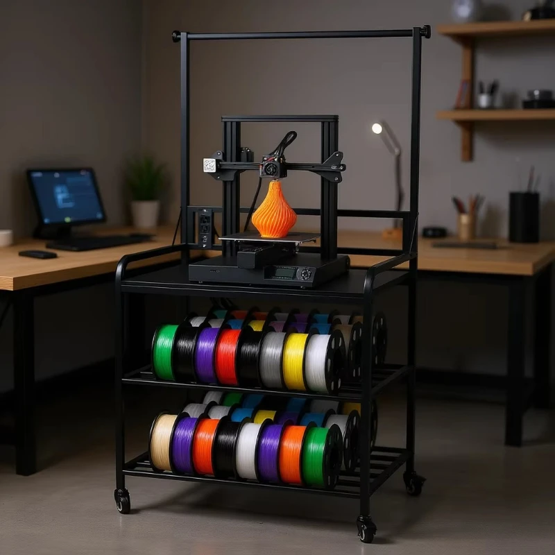 3D printer stand with storage rack for organizing consumables, steel structure, three-tier mobile cart