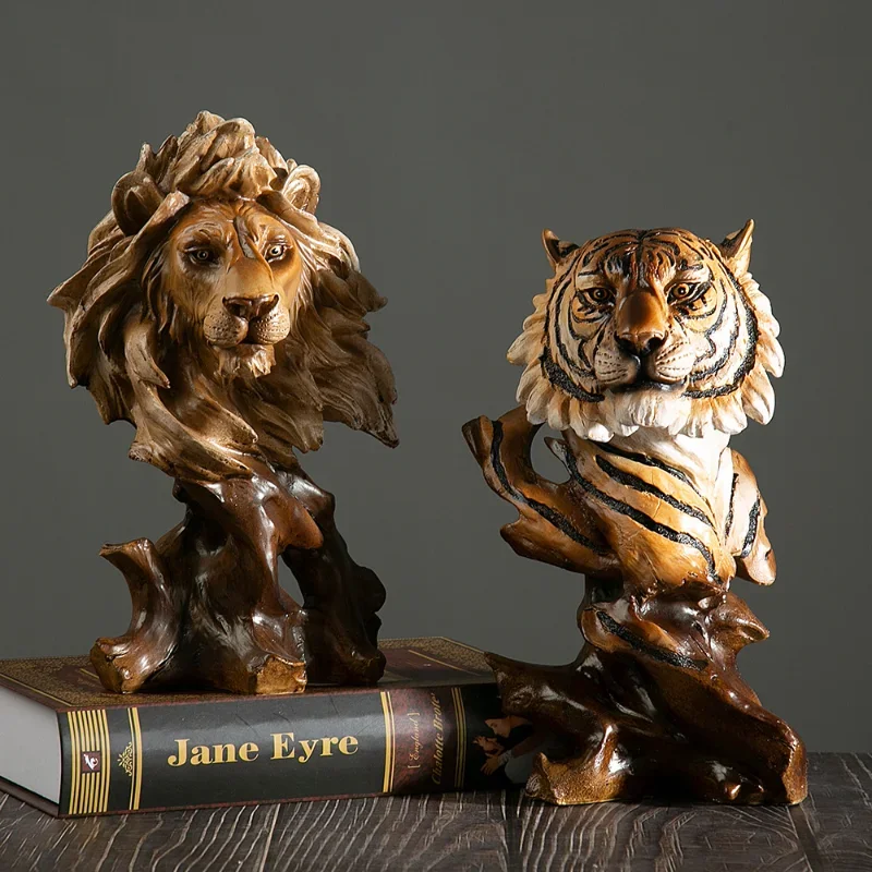 American Retro Simulation Animal Head Statue Wolf Lion Tiger Eagle Horse Sculpture Home Living Room Bedroom Bookcase Decoration