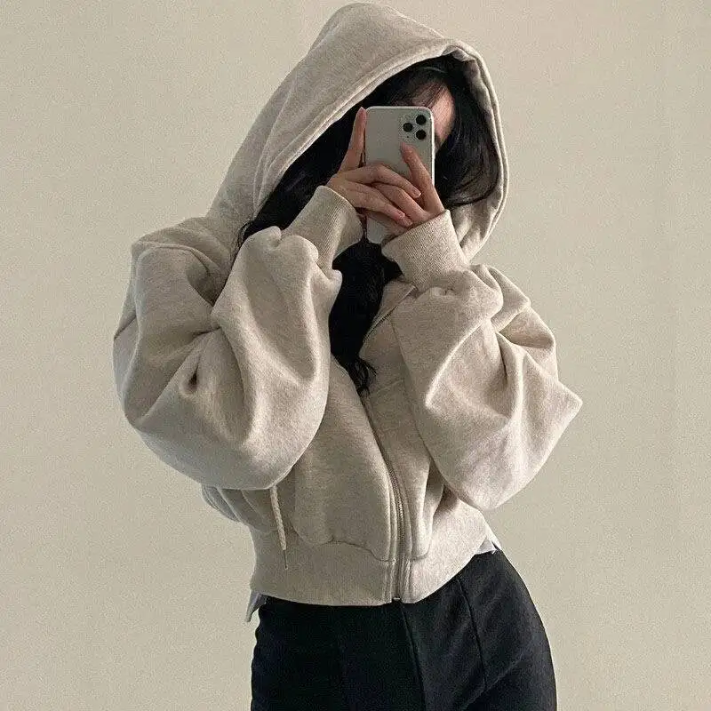 Women Short Hoodies 2025 Autumn Winter Women's Korean Ins Zip Up Hoodie Short Loose Solid Color Stylish Slouchy Top