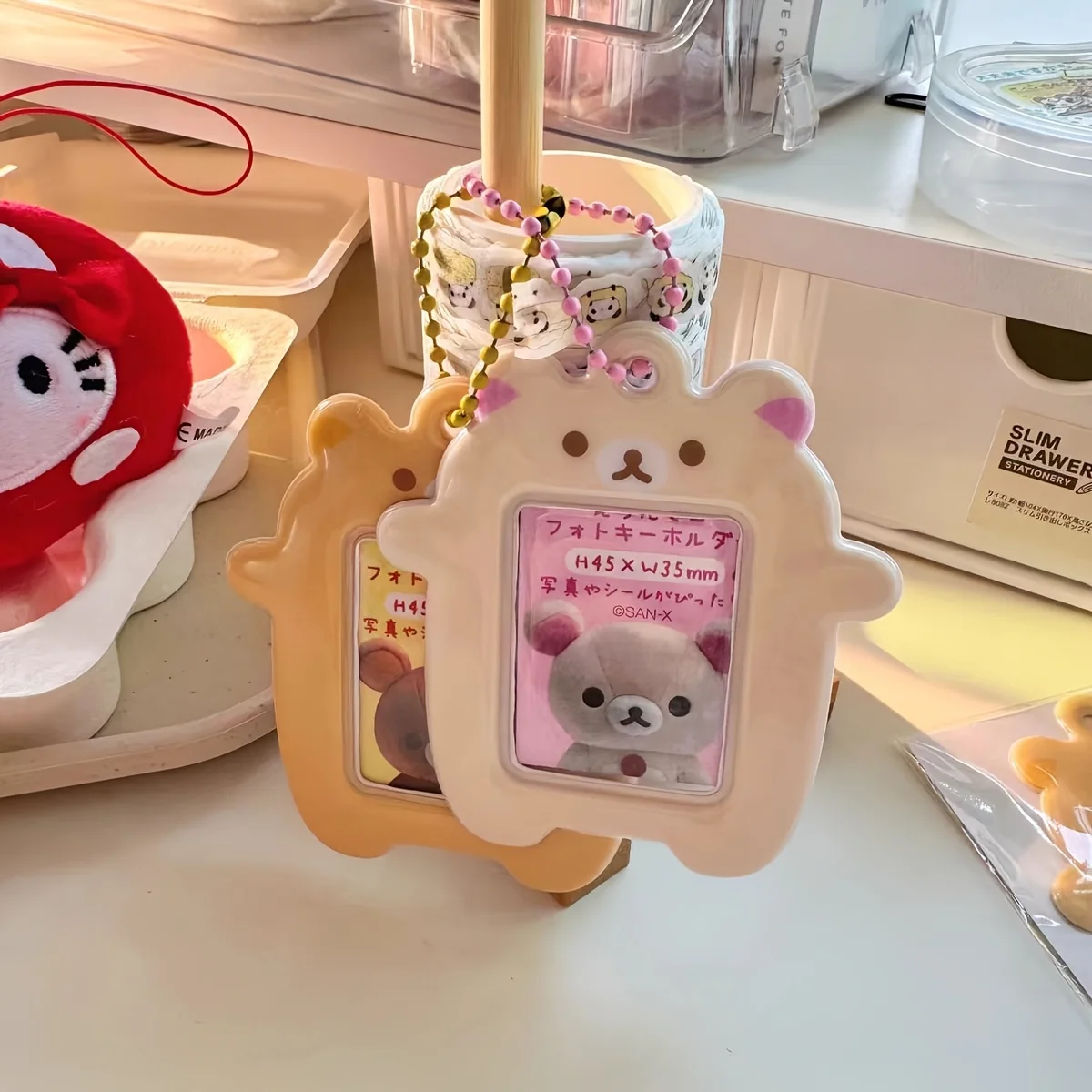 Teddy Bear Photo Frame 2-Inch Protective ID Case with Chain, Wipe-Clean Surface for K-POP Display, DIY Scrapbooking Gift