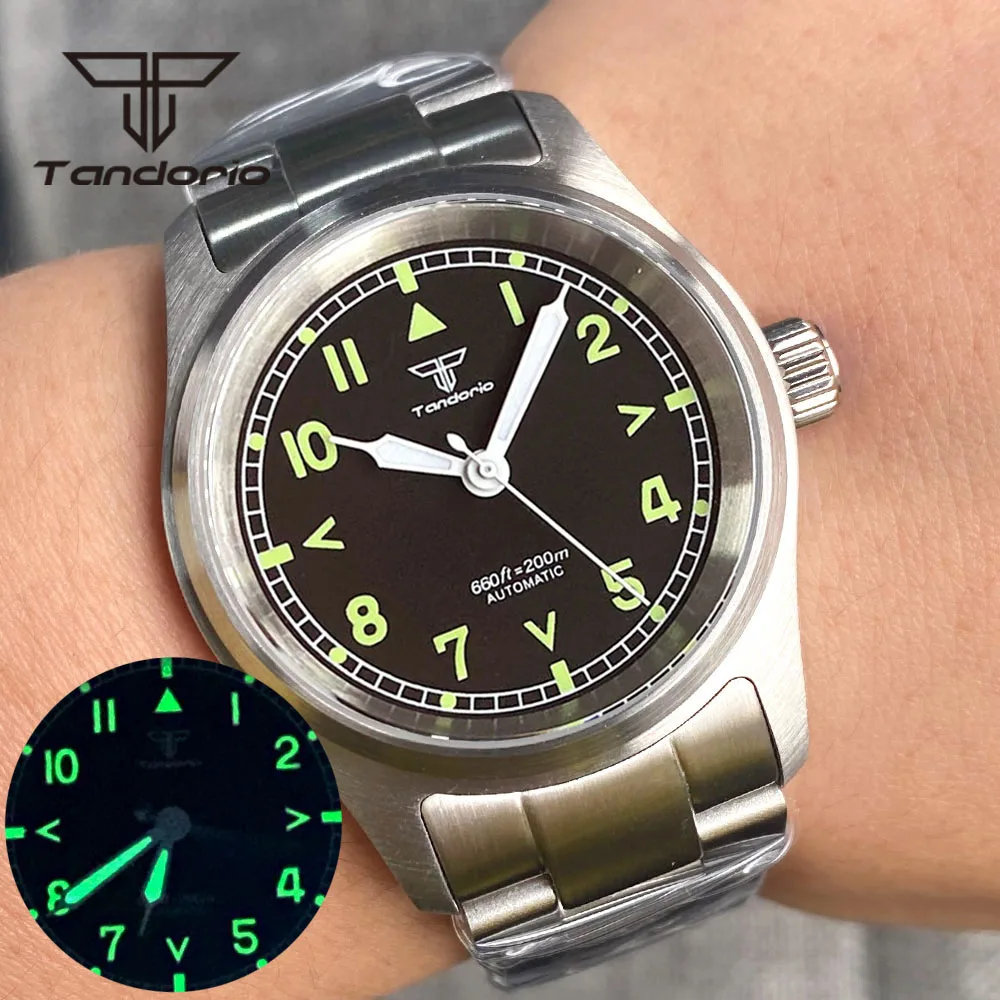 Tandorio 36mm Pilot Stainless Steel 200m Men Dive Luminous Automatic Watch NH35A PT5000 Movement Sapphire Glass Screw Crown