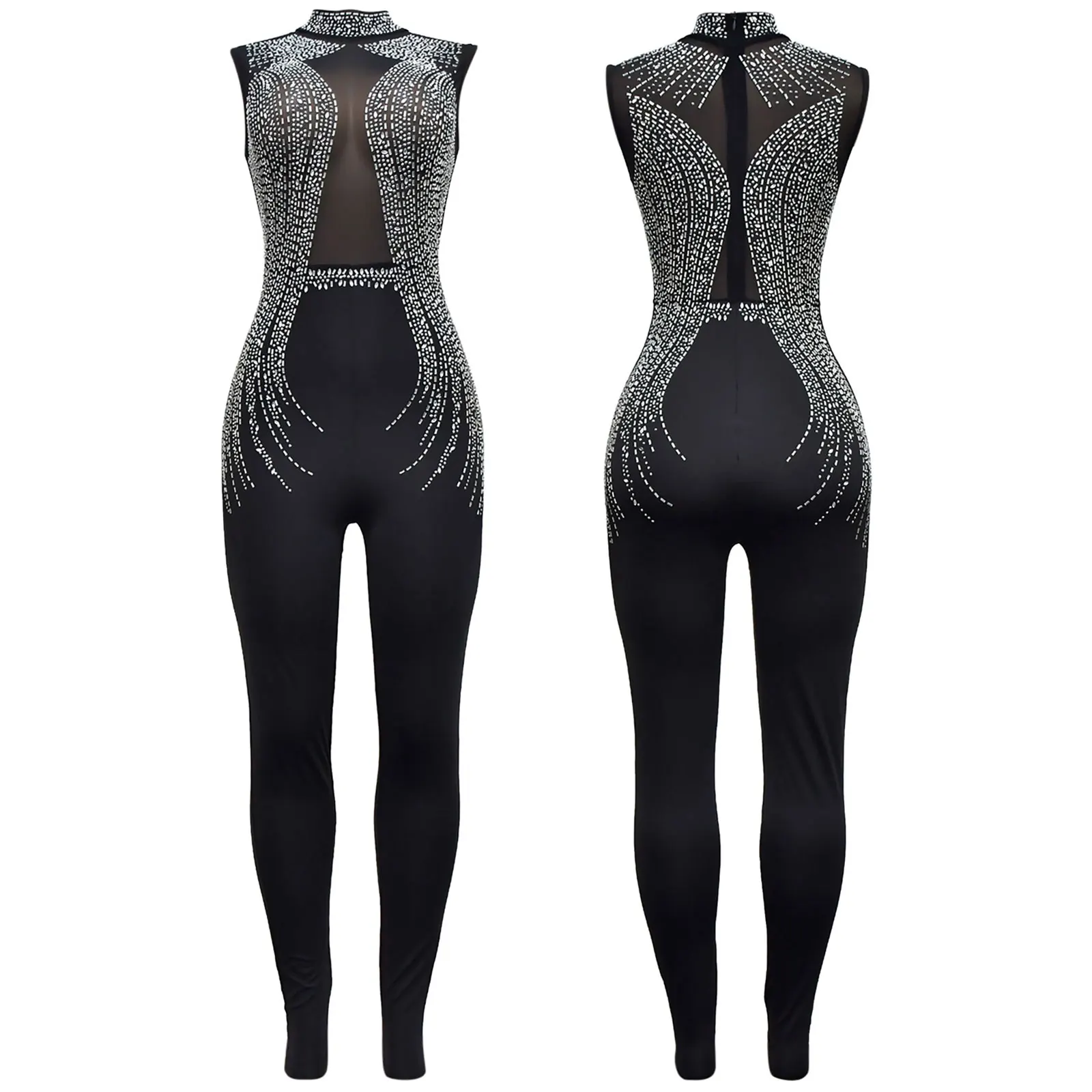 여성 발레 짐 점프수트 반짝이는 라인스톤 롬퍼 메쉬 패치워크 민소매 지퍼 슬림 바디수트 레이브 클럽 화려한 파티용