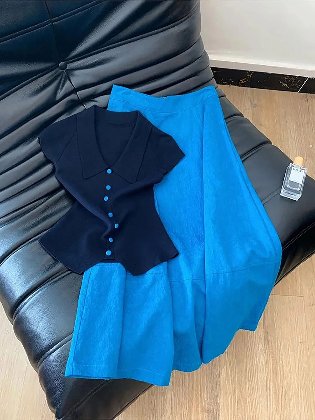 

Cobalt Blue Top And Blue Skirt Set Women's Summer New Casual Commute Anti-Aging Two-Piece Set Elegant Style Short Sleeve T-Shirt
