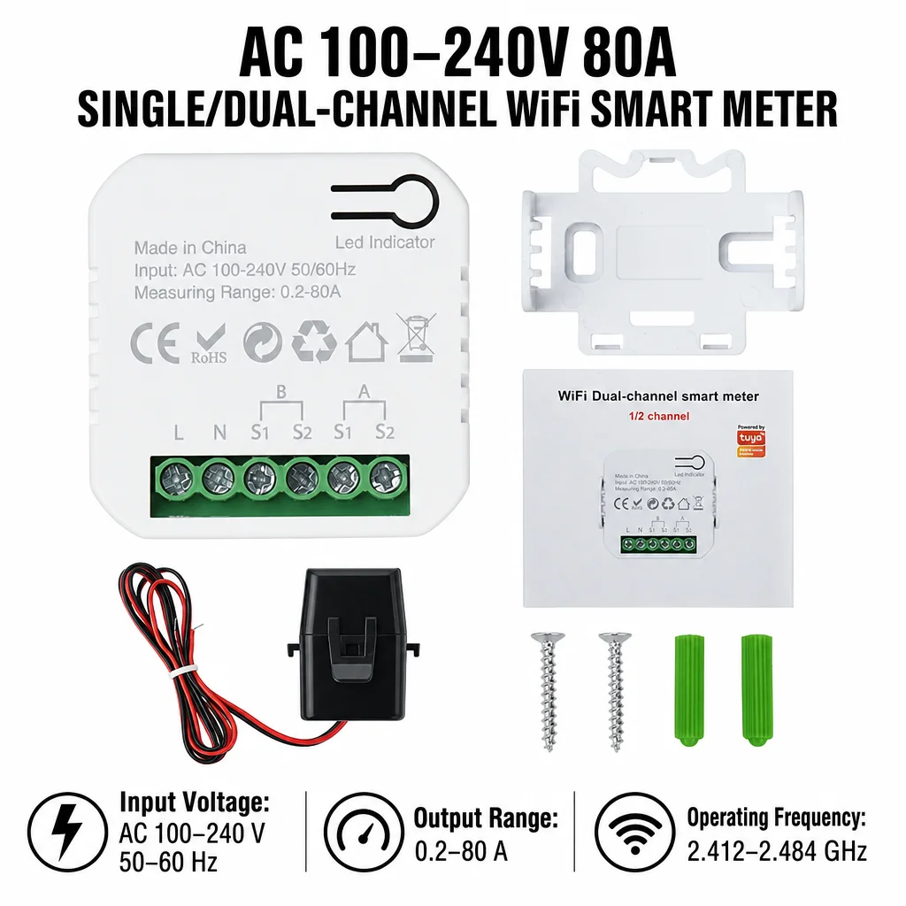 Smart WiFi Energy Meter 1, 2 Channel Bidirectional with Clamp 80A for Solar/PV App Monitor Power AC100/240V Works with Tuya