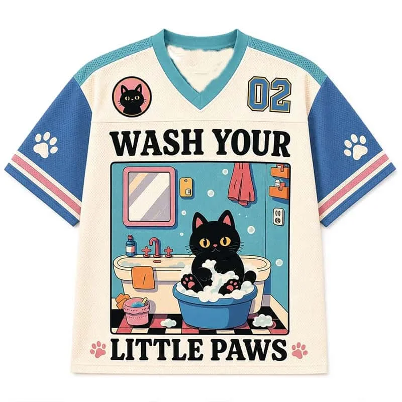 Cartoon Mesh V-neck Rugby Jersey, Cute Black Cat, Bath, Wash Hands, Printed American Loose Short Sleeved Top