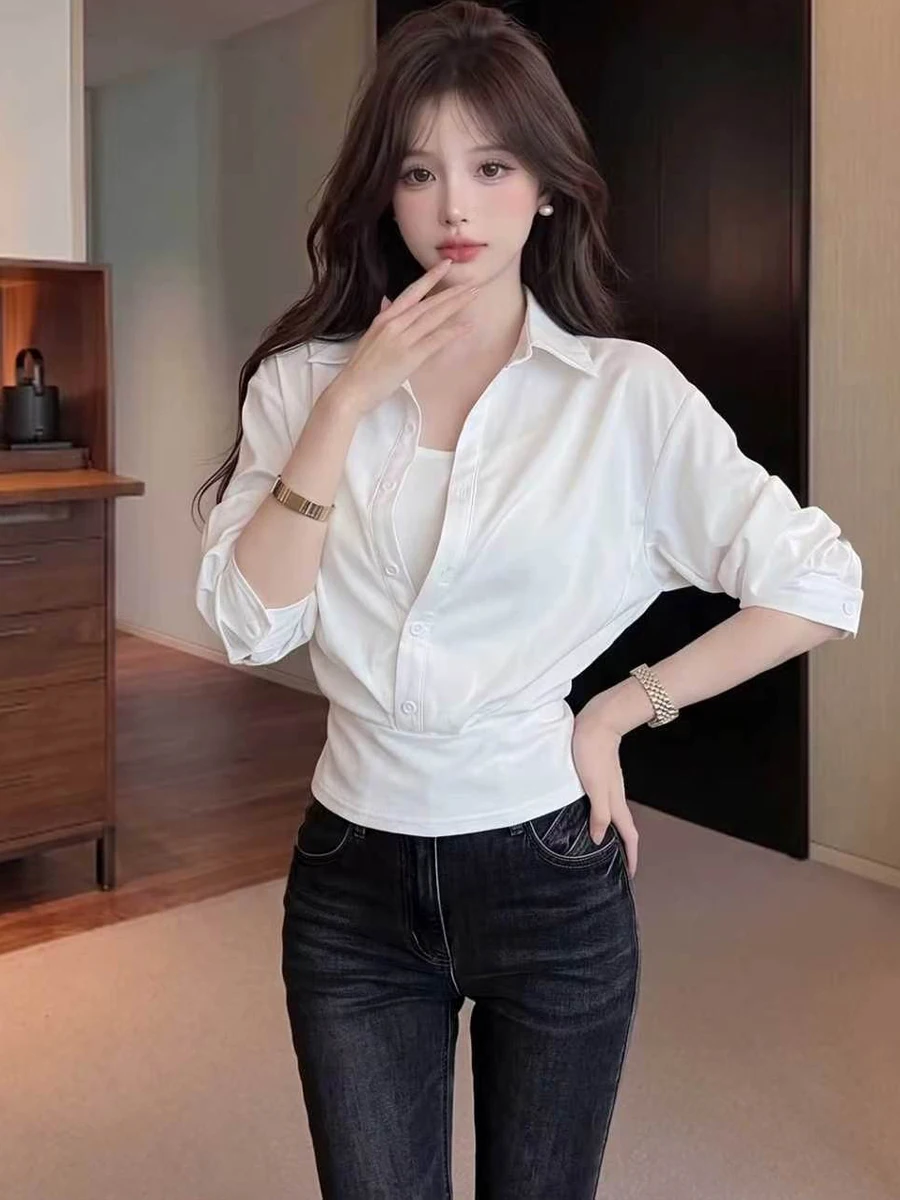 American Style Long Sleeve Slim Fit Shirt Waist Cinching Trendy Girl Top Early Autumn Fashion Women's T-shirt Upper Body