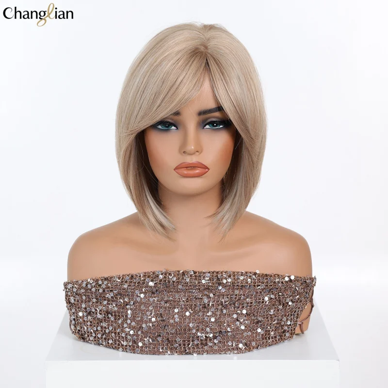 European and American fashion wigs, flattering light brown short straight hair, naturally voluminous, face-slimming, age-reducin