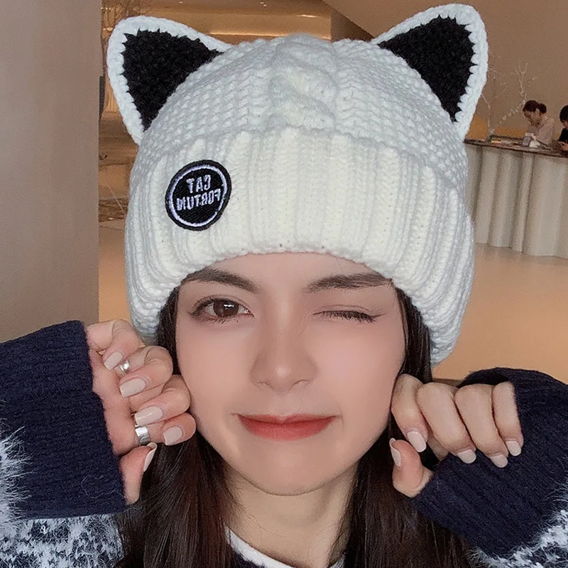 Cat Ears Knitted Bonnets for Women Cap Women\'s Autumn and Winter Korean-Style Fleece-Lined Warm Beanie All-Matching Cute Hat