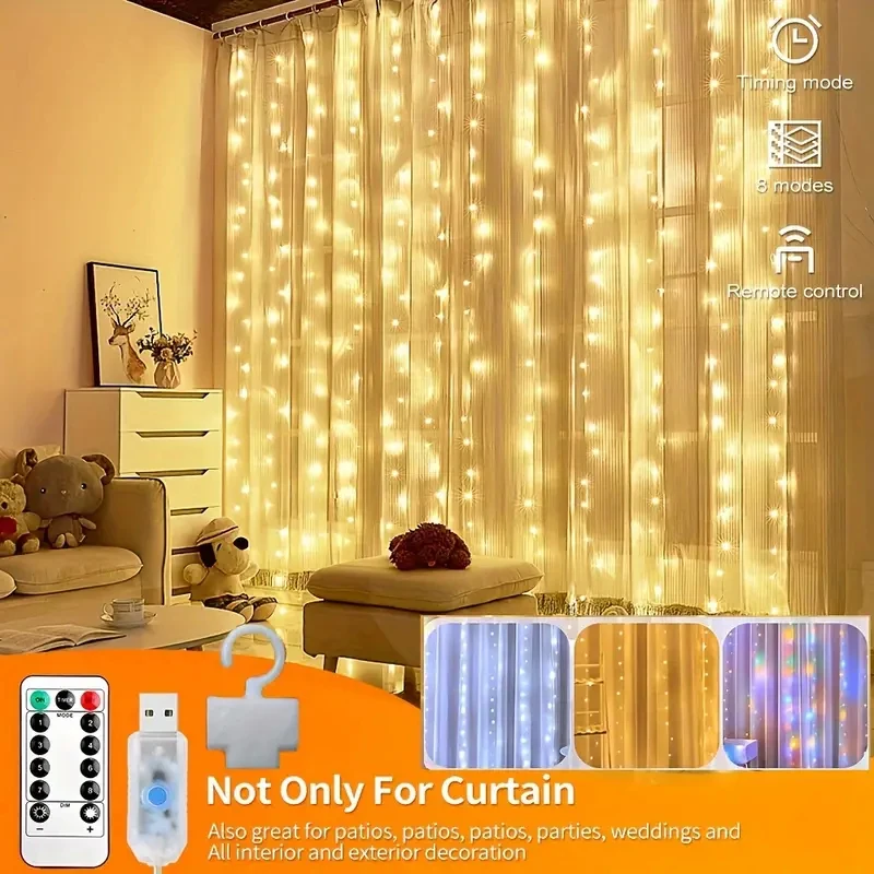 

Christmas Curtain Garland 8 Modes LED String Lights Fairy Lights String USB Remote Control Holiday Wedding Festival Decoration