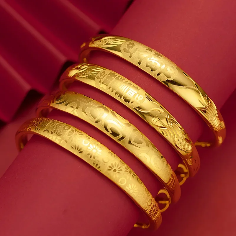 

9999 Real Gold 24K Gold Bracelet Thickened and Weighted Love Pattern Laser Printing Bracelet 10mm Push-Pull Bracelet