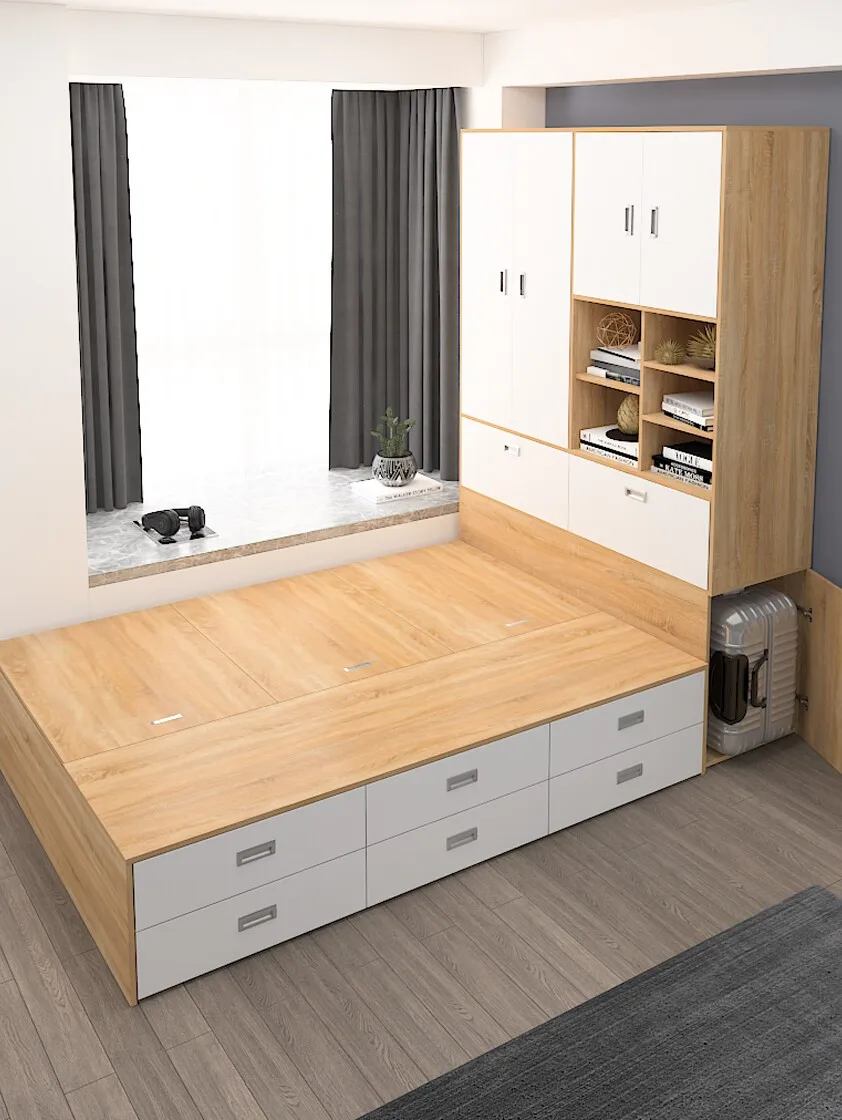 Simple tatami bed wardrobe integrated high box storage bed