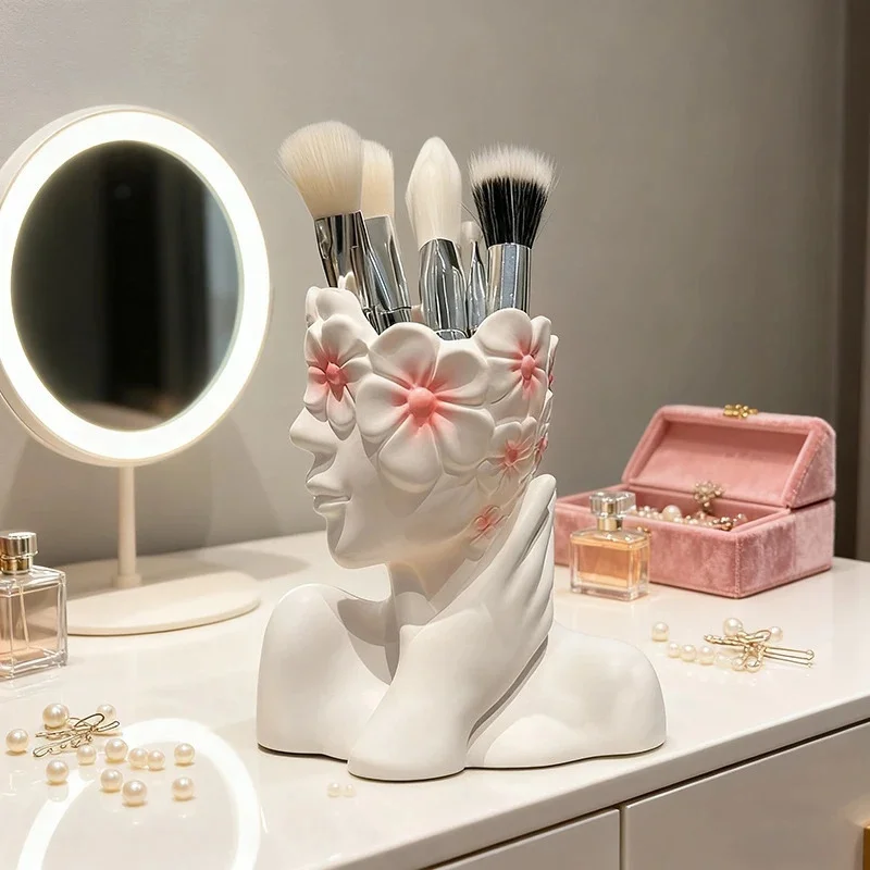 Makeup Brush Holder Female Profile Art Storage Cup Cosmetic Organizer For Women Vanity Desk Home Living Room Bedroom Chic Gift