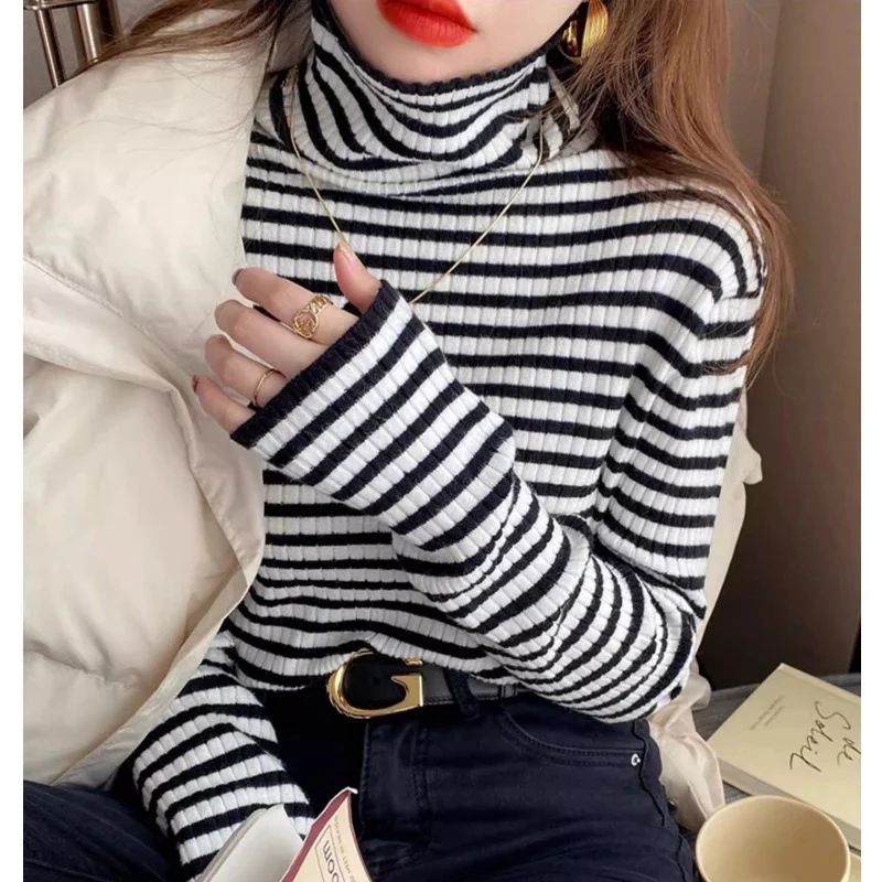Camisa de punto a rayas con cuello alto de manga larga para mujer, jersey, suéter, Tops, camisas ajustadas de punto elástico para primavera y otoño