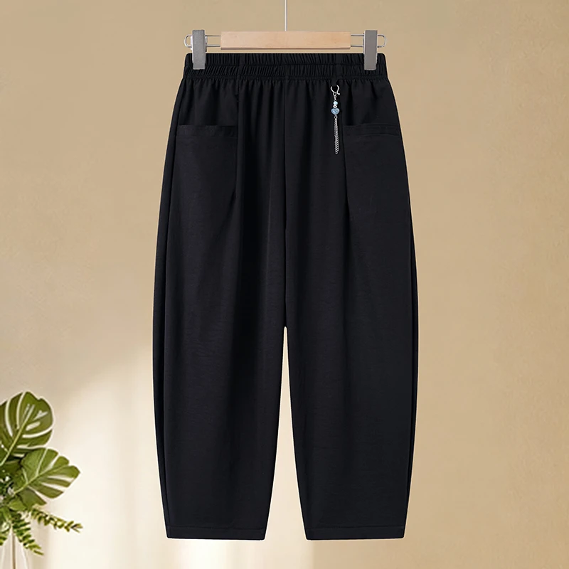 Spring Summer Casual Cotton Linen Pants Loose Thin Mom Harlan Trousers High Waist Nine Points Trendy Women Middle Age