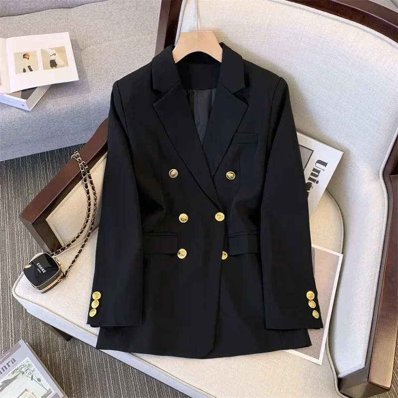 Traje negro de 1 pieza para mujer, chaqueta femenina de oficina, ropa de trabajo de negocios, botón dorado, abrigo elegante informal Formal, vestido de Graduación