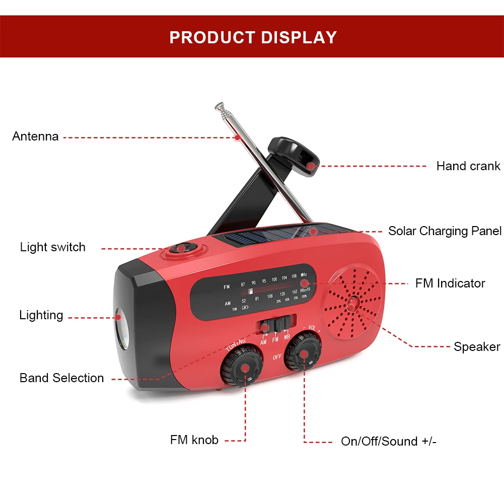 Radio portátil multifunción con manivela, dispositivo Solar, USB, FM/AM/WB, linterna de emergencia, Banco de energía, 2000mAh