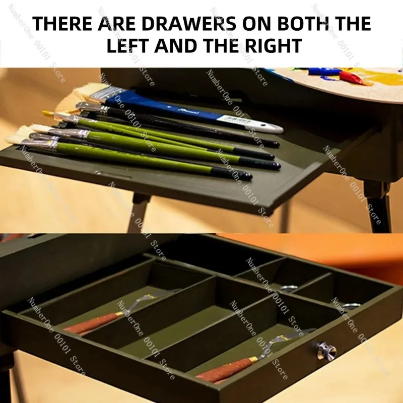 Wood Artist Supply Box Portable Folding Beech Boxwood Painting Tool Storage Case with Palette for Oil Acrylic Watercolor