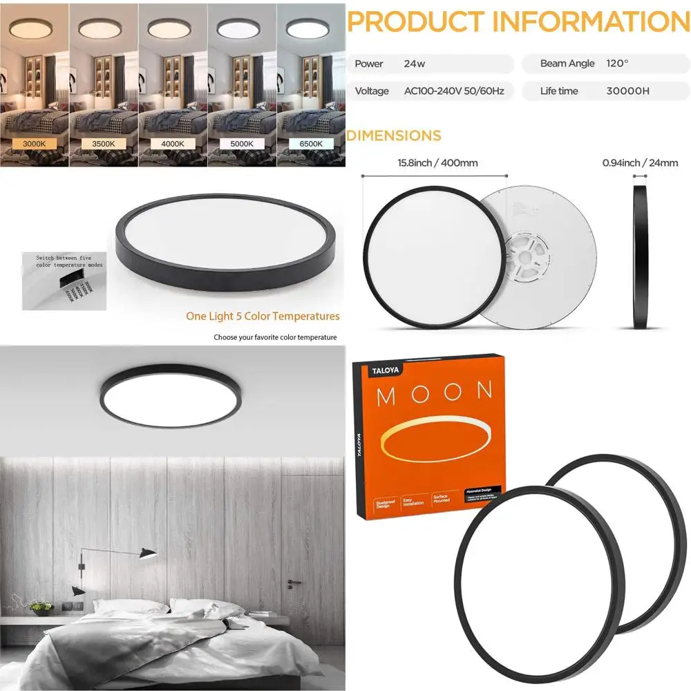 

15.8 Inch 2-Pack Black LED Ceiling Light, 240W Equivalent, 5 Color Temperatures for Kitchen, Bedroom, and More