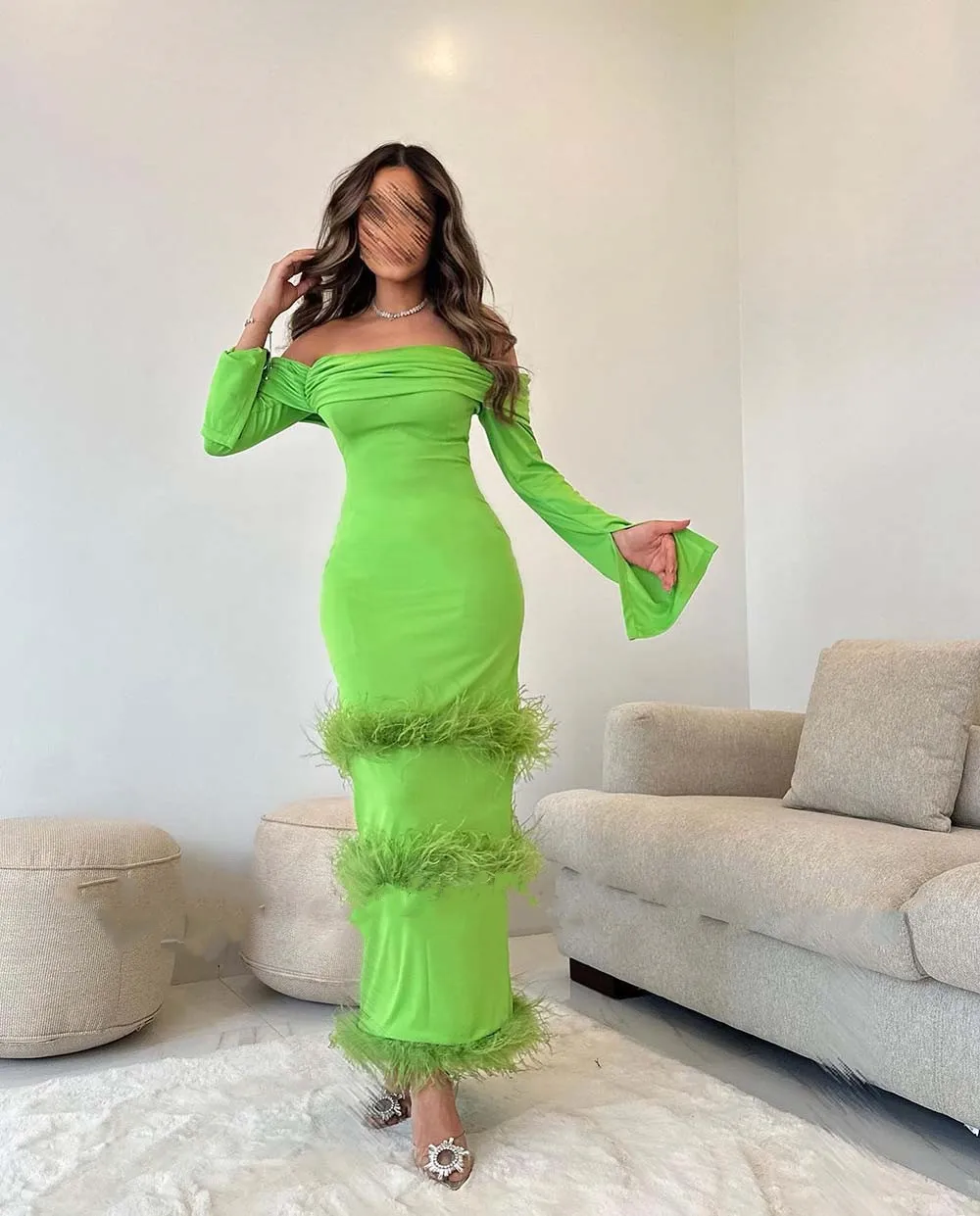 

Merida Prom Dresses Ruched Off-The-Shoulder Feather Evening Dress Satin Long Sleeves Ankle-Length Saudi Arabia Prom Dresses 2023