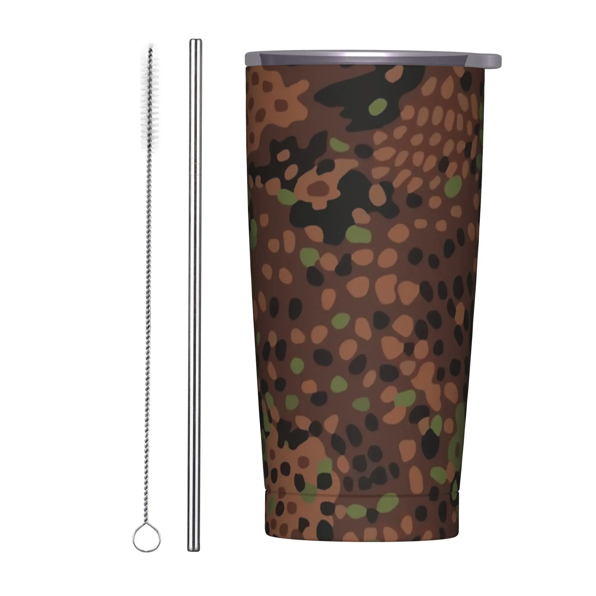 German Erbsenmuster Camo Insulated Tumbler with Straws Lid Leopard Leather Stainless Steel Coffee Mugs Car Bottle Cups, 20oz