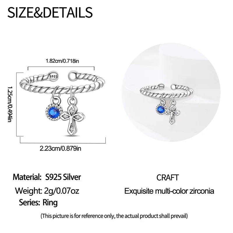 クラシックオリジナル 925 スターリングシルバーレトロスタイルブルージルコンクロス調節可能なオープンリング女性女の子ジュエリー誕生日ギフト