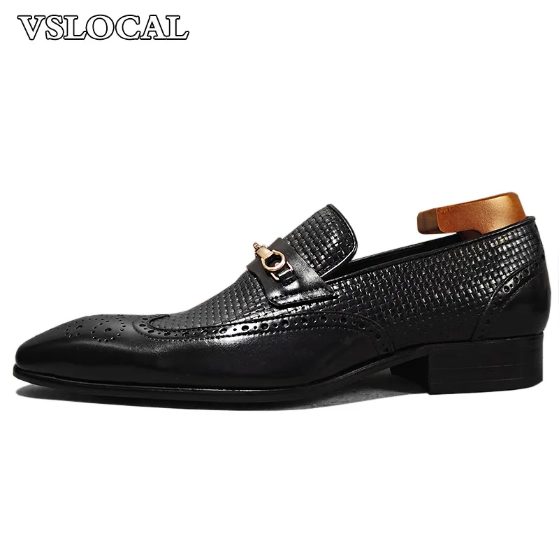 Luxury Men's Loafers Black Wing tip Slip On Casual Mens Dress Leather Shoes Wedding Office Horsebit Loafers Shoes Men