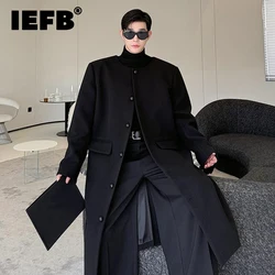 IEFB Korean Style Men's Woolen Overcoats Collarless Three-dimensional Single Breasted Solid Color New Trendy Male Trench 9C8149