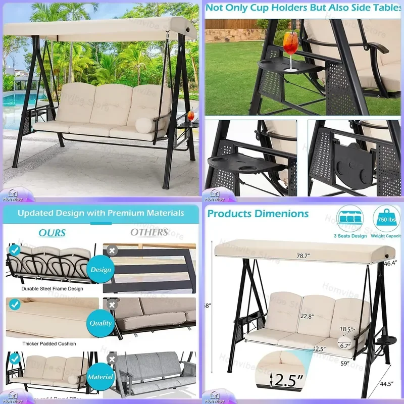 Outdoor Hanging Chair Double Triple Swing for Patio Garden Balcony Wrought Iron Hammock Seat Adult Couple Leisure Furniture