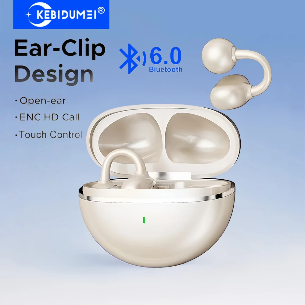 KEBIDUMEI Open Ear Clip Headphones Bluetooth 6.0 Wireless Earphones Sports Headphones ENC Noise Cancelling Touch Control Earbuds
