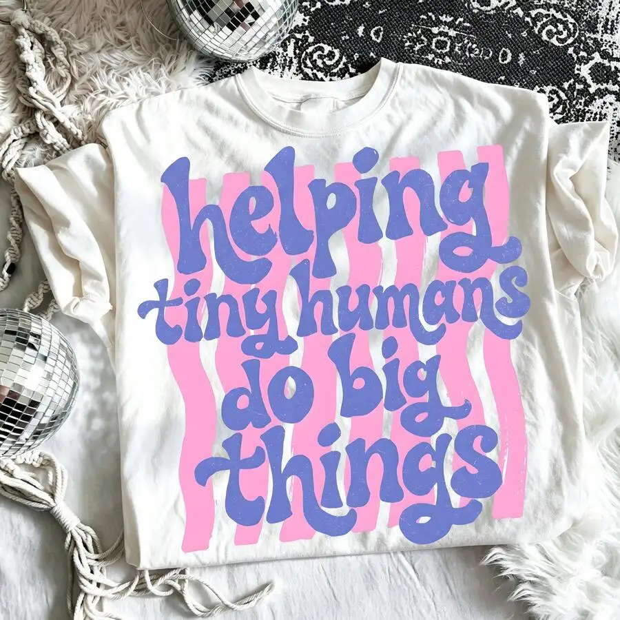 Preppy Helping Tiny Humans Teacher T-Shirt Cute Groovy Back To School Graphic Tee Summer Vacation Outfits Women