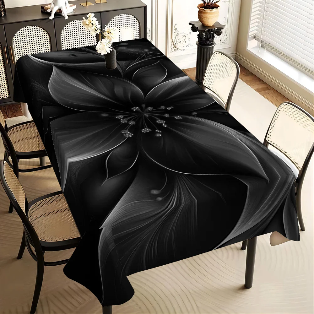 Dark Bloom Tablecloth,Black Background With Elegant Monochrome Flower Pattern,Waterproof Table Cover for Daily Meals & Party Use