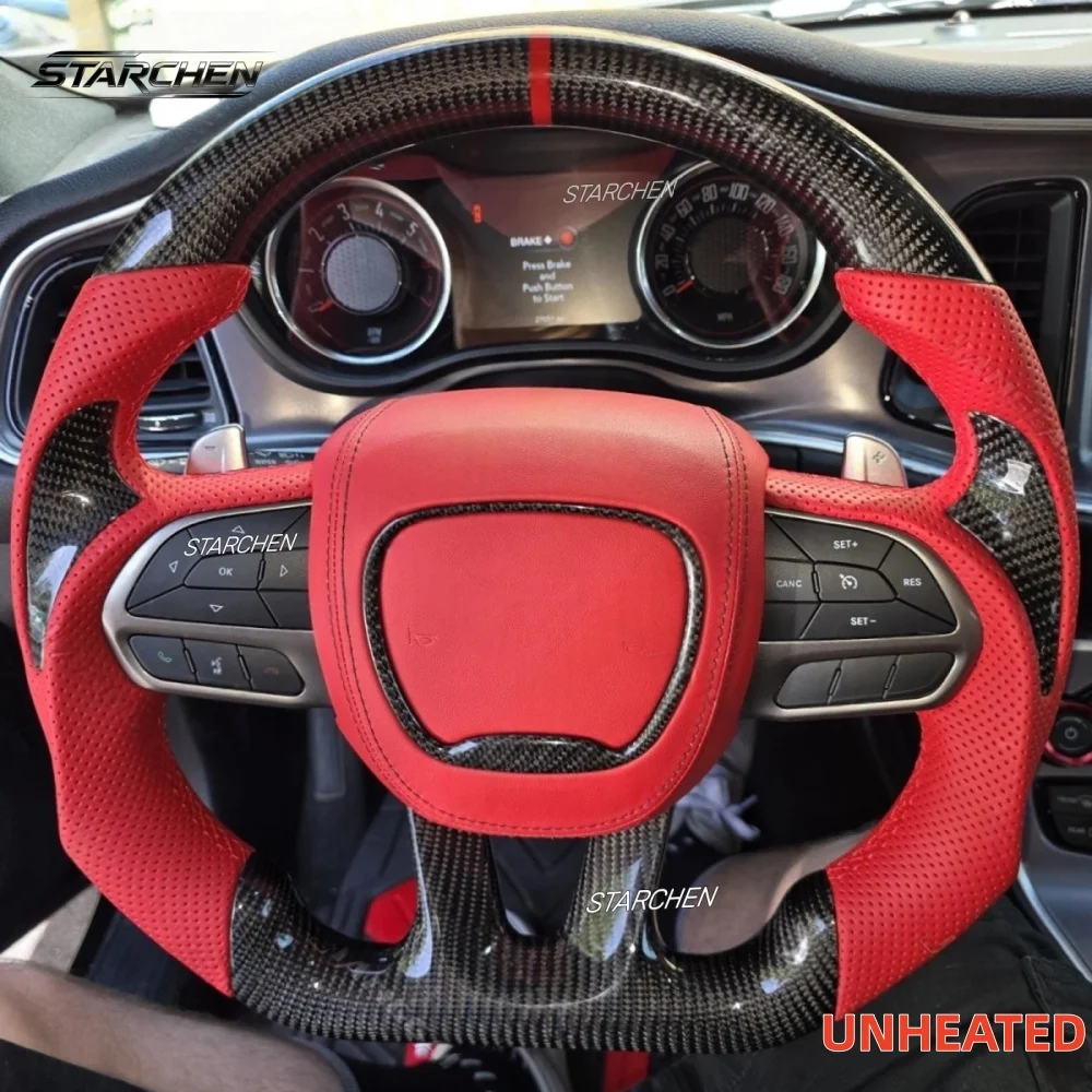 Real Carbon Fiber Steering Wheel For Dodge Challenger Charger Durango Hellcat 2015-2025, With Red Perforated Leather Grip And Carbon Fiber Thumb Grips (Non-heated)