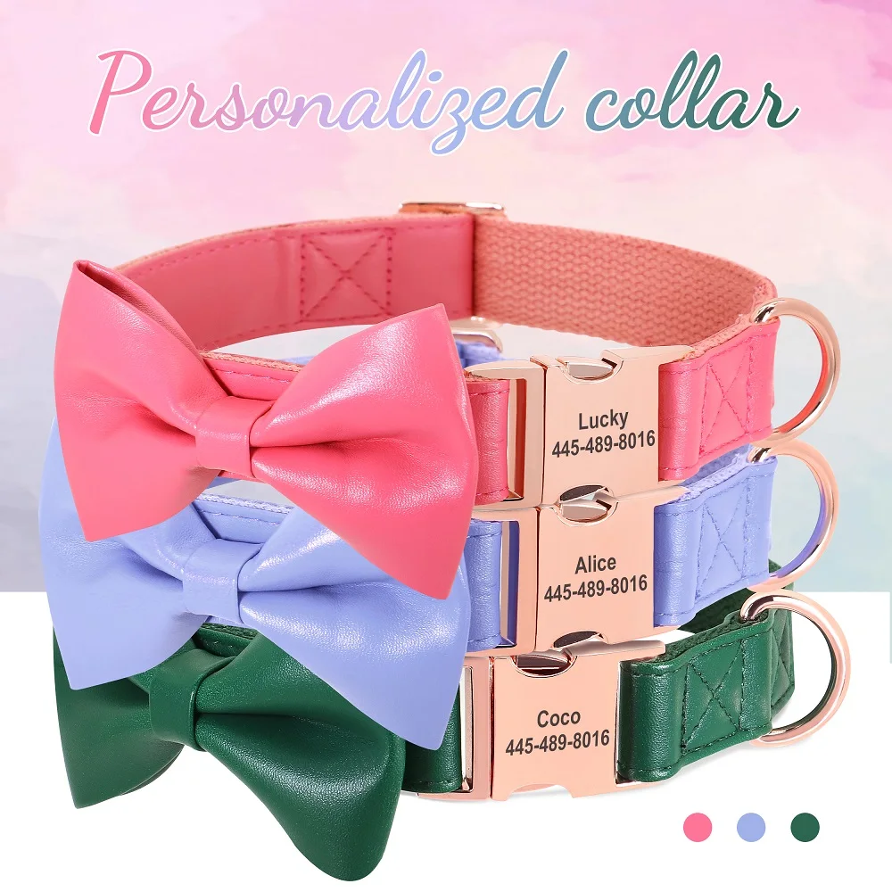 

Personalized Dog ID Collar PU Leather Dog Buckle Collars Cute Bowknot Free Engraved ID Buckles Adjustable Pitbull French Bulldog