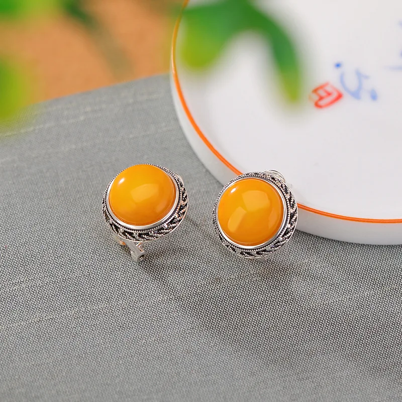 S925 Sterling Silver Amber Pattern Round Earrings Versatile Elegant Ear Clips Fashion Style