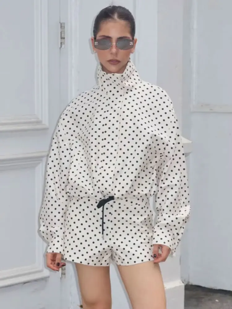 HH Female Autumn Fashion Polka Dot Printed Set Long Sleeves Turtleneck Drawstring Jacket+A-line Shorts Women's Vintage Suit