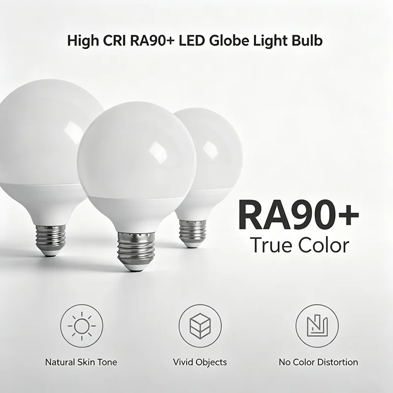 CRI90+ Eye‑Friendly Globe LED Bulb 10W 15W 18W E27 AC100‑240V 120LM/W Flicker‑Free Round Lamp for Vanity Mirror Decor Lighting