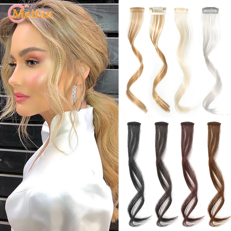 MEIFAN Synthetic Long Natural False Fringe Bangs Clip In on Front Side Fringe Hair Extension Middle Part Fake Fringe for Women