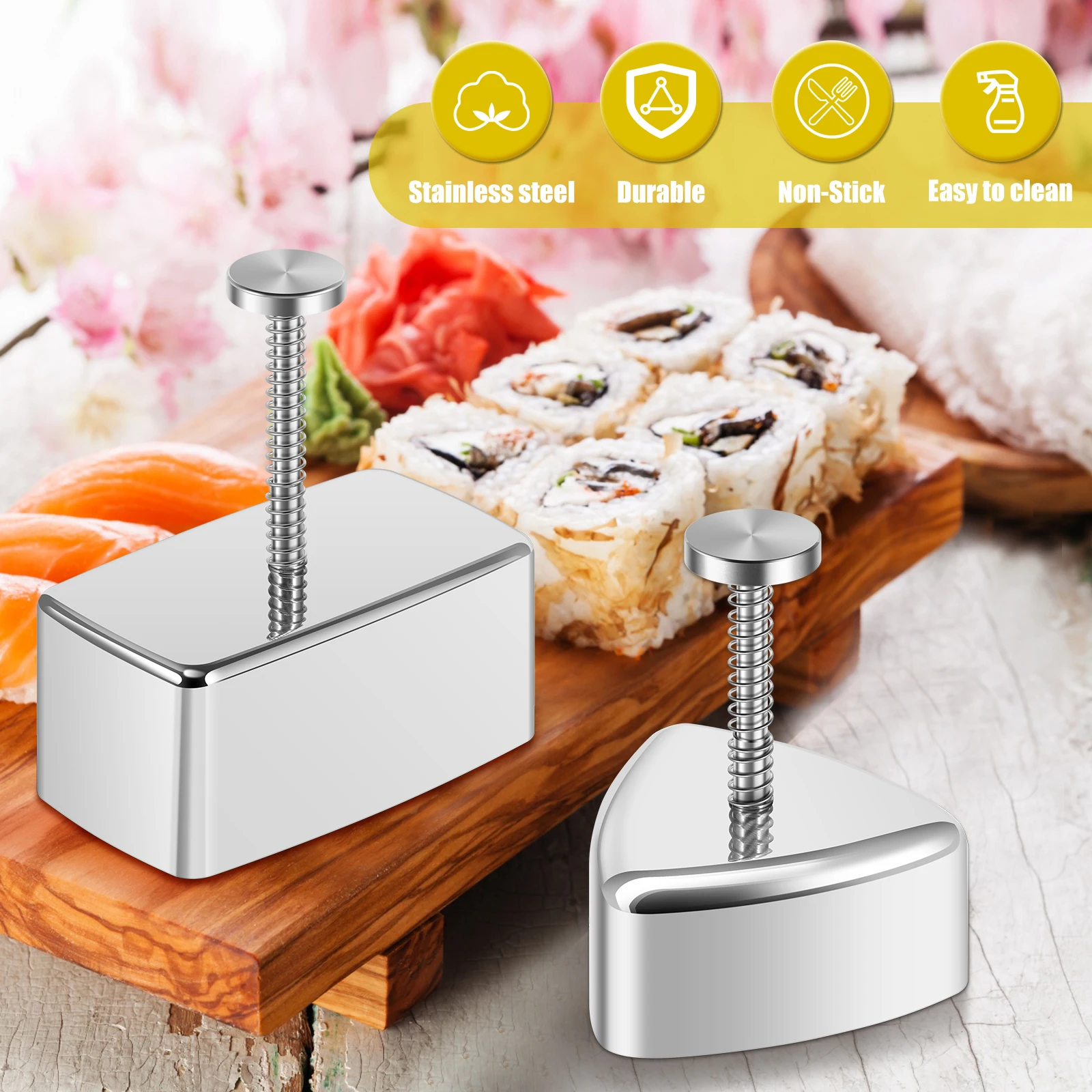 3pcs/set Onigiri Mold Stainless Steel Rice Ball Mold Non Stick Triangle and Rectangular Sushi Molds with Rice Spoon Kitchen Tool