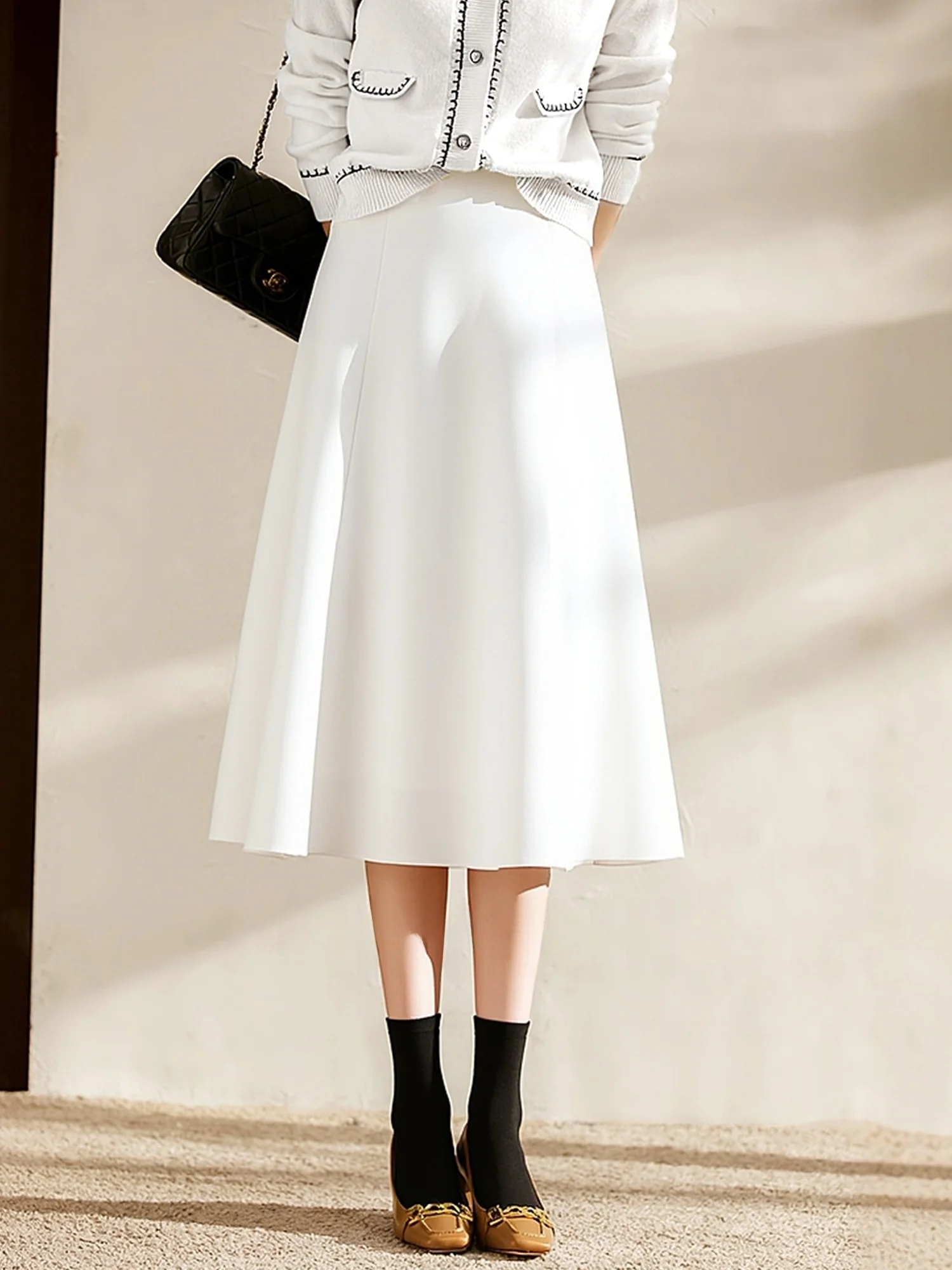 

High Waist A-Line Skirt Women's Mid-Length White f-length Versatile Umbrella Skirt Chivirin Premium Polyester Fiber Casual