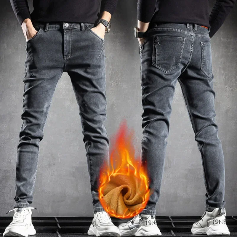 Men's Winter Warm Fleece Lined Jeans Washed Cotton Slightly Stretch Slim Fit Casual Grey Denim Pants Daily Versatile Trousers