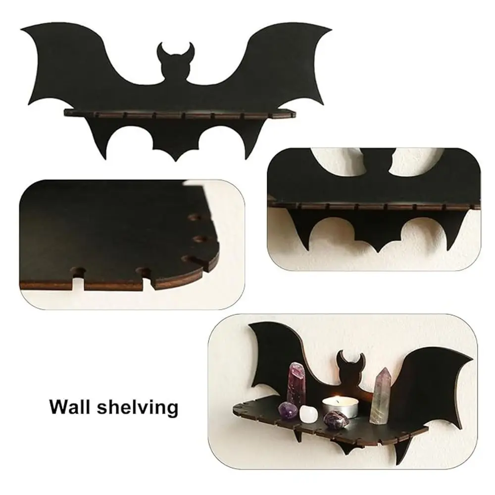 Creative Wooden Floating Shelves Bat-shaped Black Bat Wall Shelves Practical Wall Mounted Jewelry Display Rack Home Decoration