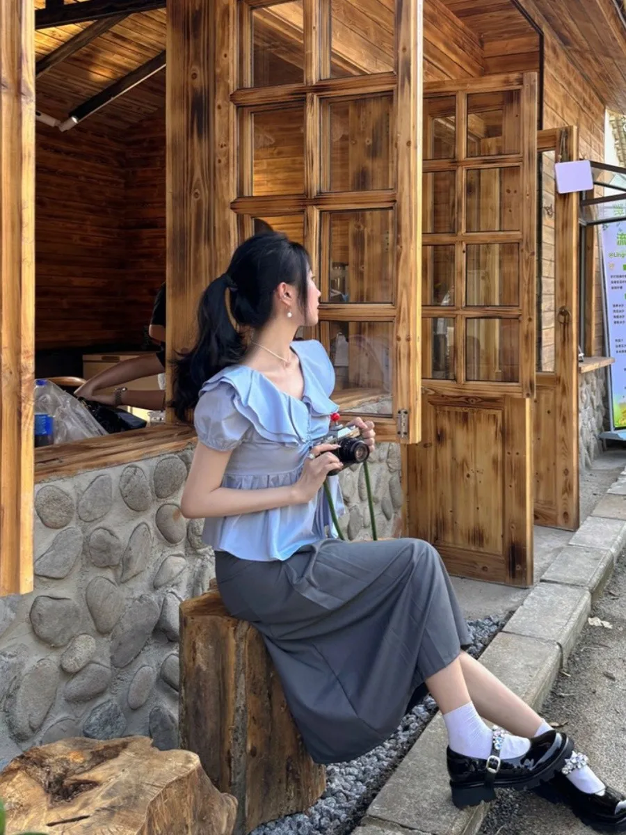 Coréen Sle Anti-âge Faion col à volants ort irt femmes été Design Dstring cravate taille haut décontracté Sle