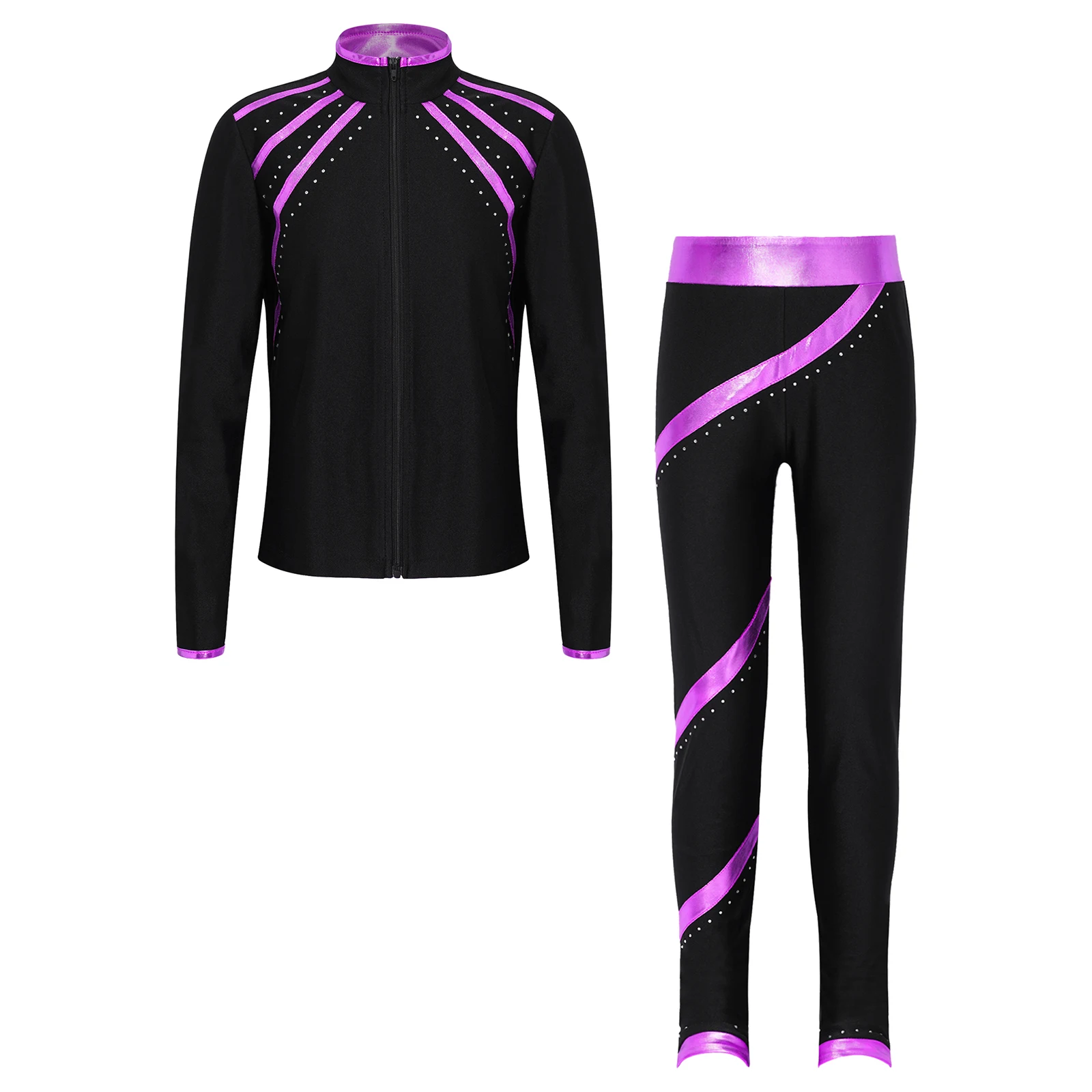 Kids Girls Figure Skating Dance Costume Gymnastics Acrobatics Performance Outfits Metallic Striped Long Sleeve Jacket with Pants