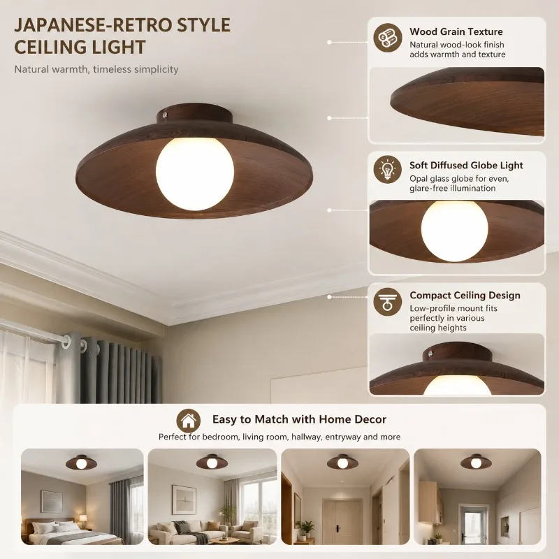 

220V Log Style Walnut Color Ceiling Lamp Quiet Wind Japanese E27 Lamp Holder with 7W LED Bulb Suitable for Corridor Porch