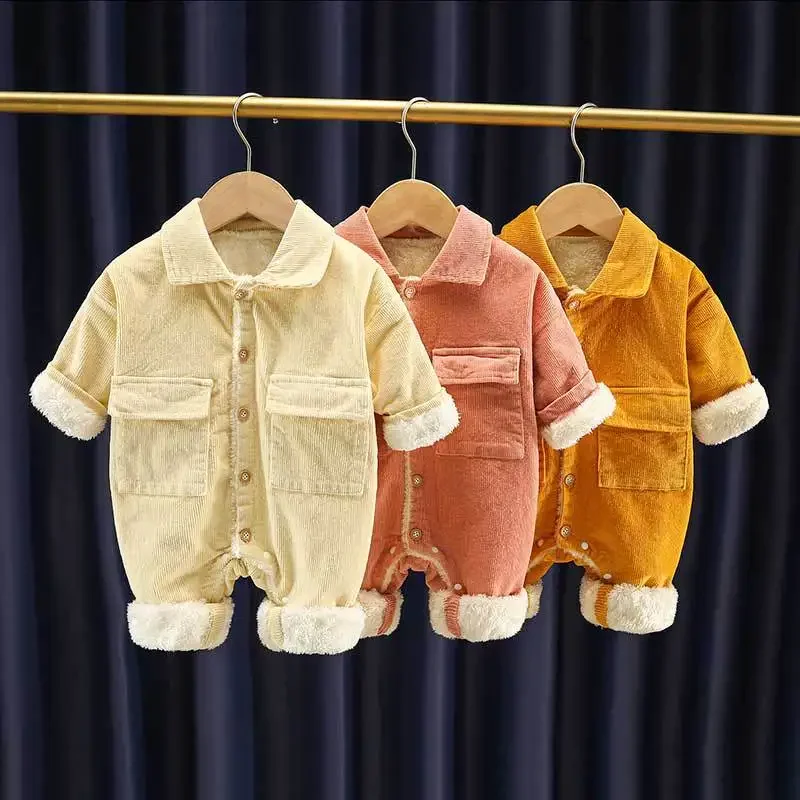 

2024 New Autumn Baby Clothes 0-24M Girls Solid Color Corduroy Romper Boys Warm Fur Lining Jumpsuit Toddler Casual Outwear