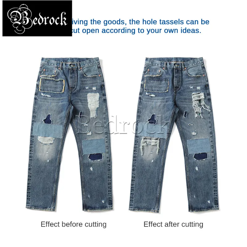 

MBBCAR Ripped Jeans For Men High Quality Hip Hop Blue Hole Slim Fit Selvedge Straight Denim Pants Man 14.4oz High Street Patch