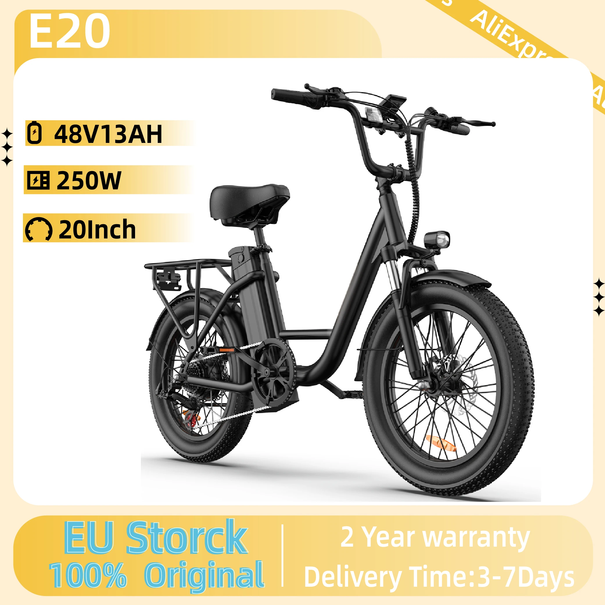 Vélo électrique URLIFE E20 pour adultes, moteur 250W, batterie 48V 13Ah, pneus 20 pouces, vélo électrique de ville pour trajets quotidiens
